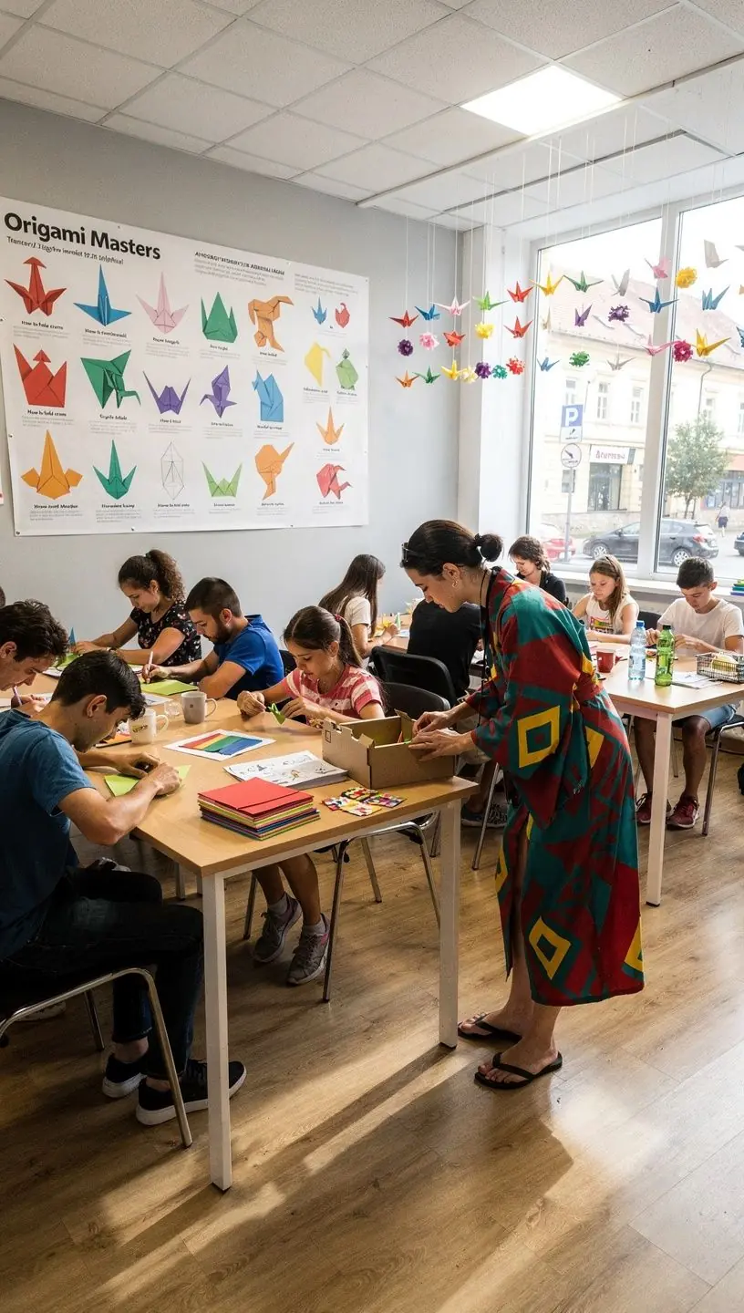 Különböző origami technikák bemutatása az oktatási anyagban.