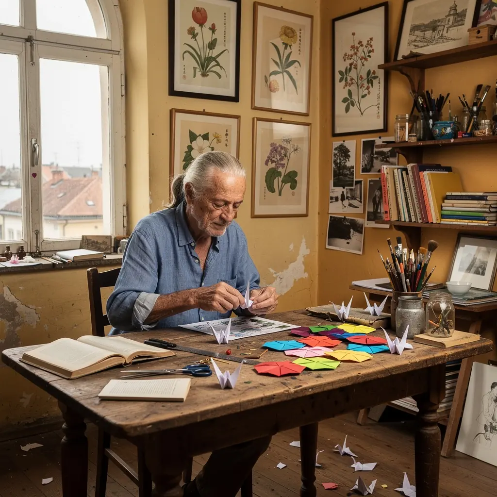 Papírrepülő origami figura színes papírból hajtogatva.