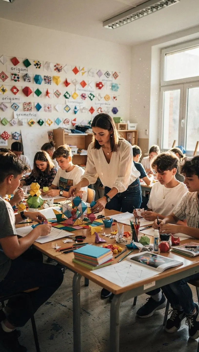 Egy tanuló éppen egy origami darabot hajtogat, a figyelme a részletekre összpontosít.